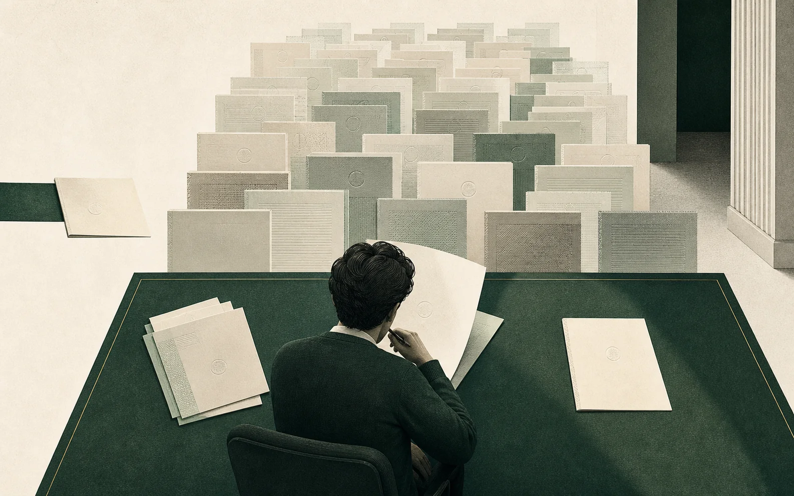 An editorial illustration of Agency Network Solutions reviewing one brief against a broad field of agency dossiers before drawing one considered introduction forward.